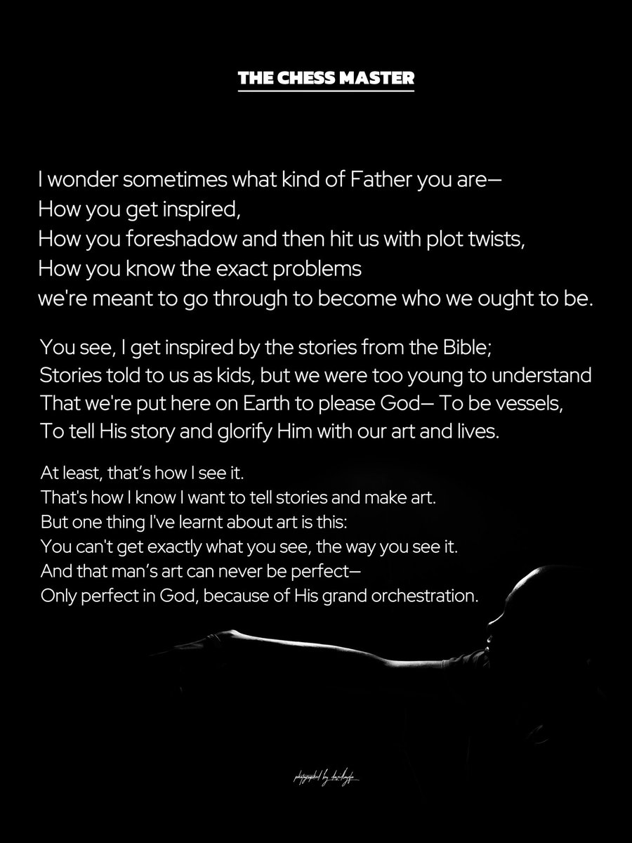 TheDavidLayefa's tweet photo. The Chess Master

The chess master is a symbol of God's divine strategy and placement in our lives.
It is by His mercy and grace that we live, move, and accomplish all that we do.

#letgoandletHim #thechessmasterseries #davidlayefer #explore #fyp #fyppppppppp  #wordoftheday https://t.co/h2Tfxi2OPQ