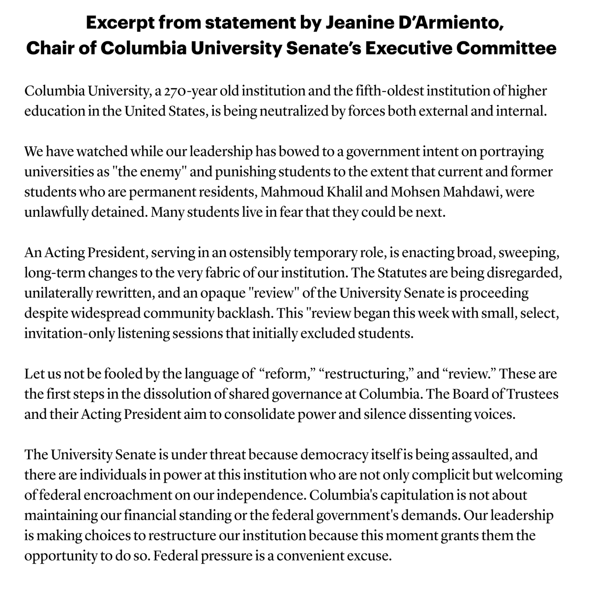 BREAKING: And in stunning counter to how Columbia's leadership has capitulated to the Trump administration, university senate exec comm chair Jeanine D’Armiento slams university top brass for bowing down "to a govt intent on portraying universities as "the enemy"". <a href="/DropSiteNews/">Drop Site</a>