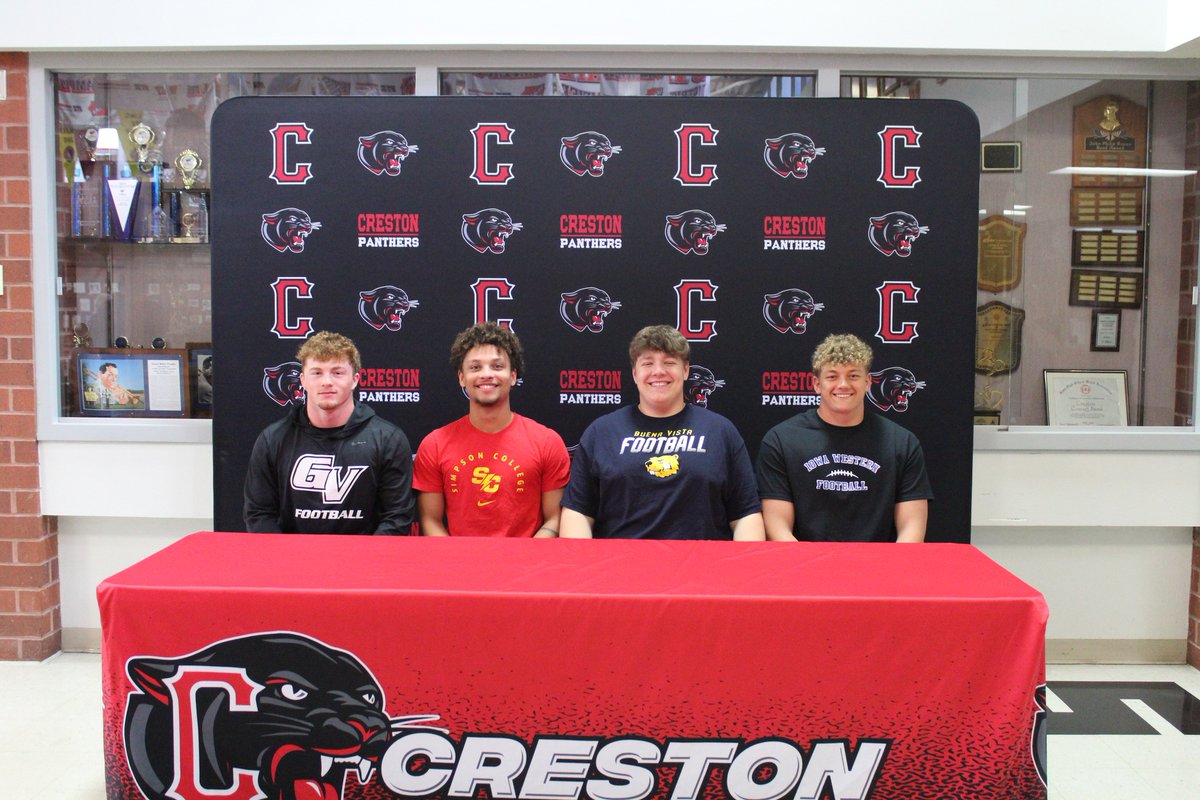 Creston Panther Football (@crestonfb) on Twitter photo Congratulations to our four seniors going on to play at the next level!
Weston Trapp (Grand View)
Xander Drake (Simpson)
Eli Schaffer (Buena Vista)
Brayden Schoon (Iowa Western)
<a href="/weston_trapp/">Weston Trapp</a> | <a href="/XanderDrake14/">Xander Drake</a> | <a href="/ElijahScha67073/">Elijah Schaffer</a> | <a href="/schoon6225/">Brayden Schoon</a> Congratulations to our four seniors going on to play at the next level!
Weston Trapp (Grand View)
Xander Drake (Simpson)
Eli Schaffer (Buena Vista)
Brayden Schoon (Iowa Western)
<a href="/weston_trapp/">Weston Trapp</a> | <a href="/XanderDrake14/">Xander Drake</a> | <a href="/ElijahScha67073/">Elijah Schaffer</a> | <a href="/schoon6225/">Brayden Schoon</a>