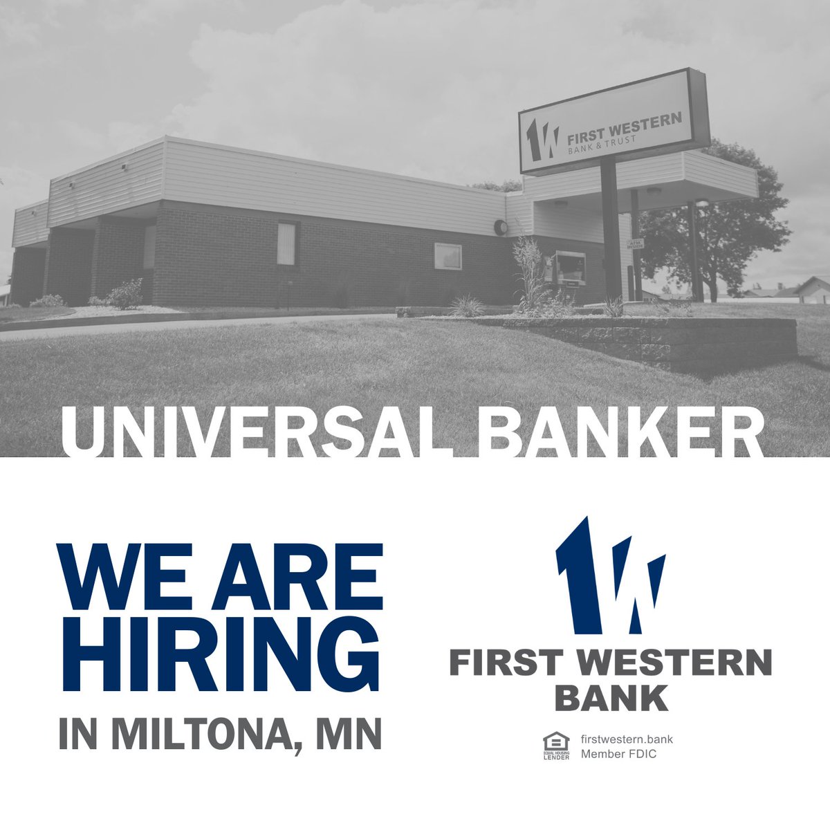 We're hiring a full-time Universal Banker in Miltona, Minnesota!

Apply Online ➡️ firstwestern.bank/careers