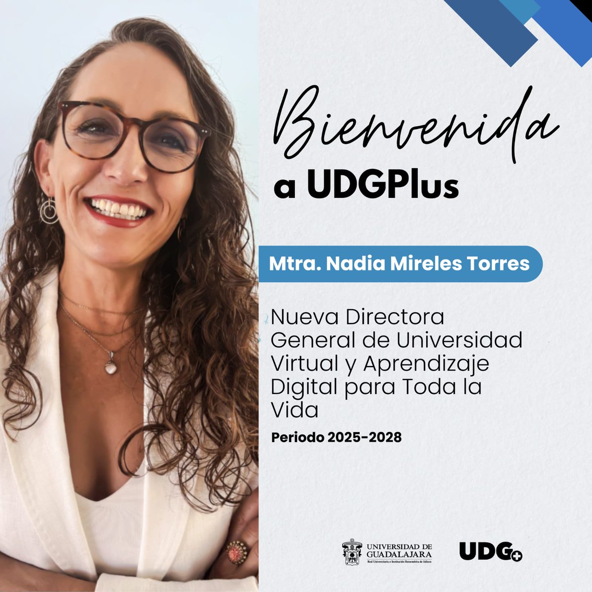 UDGPlus's tweet photo. En #UDGPlus celebramos el nombramiento de nuestra nueva Directora, la Mtra. @nadia_mireles, quien cuenta con más de 20 años de experiencia en tecnología, educación, transformación digital🙌

¡Le damos la bienvenida y deseamos mucho éxito en su gestión!✨
📲https://t.co/1eVNJLNWcQ https://t.co/q6dzV9d3ov
