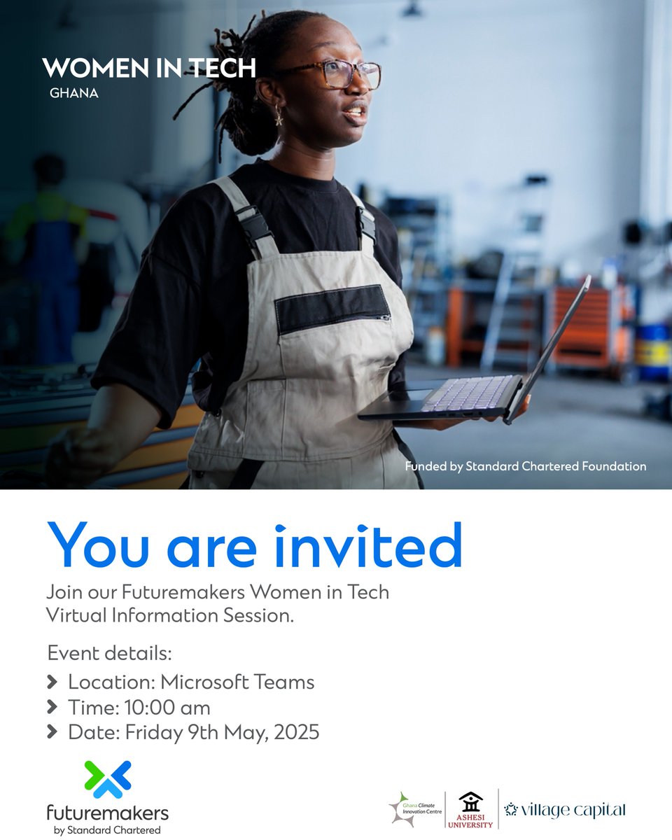 Join our Info Session on May 9 to learn how the Futuremakers Women in Tech program can help scale your business.   Get insights on eligibility, benefits &amp; more.  Register: ghanacic.ashesi.edu.gh/virtual-inform…… #FuturemakersGH #FWIT5 #WomenInTech #Entrepreneurship #Ghana #InfoSession