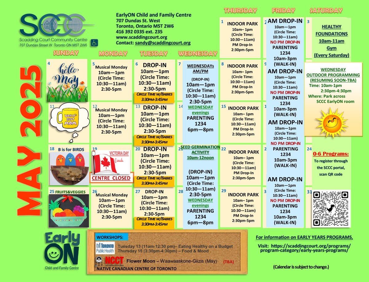Scadding Court Community Centre (@scadding_court) on Twitter photo Join us this month at our EarlyON program! Find our activity calendar for May 2025 here.
If you’d like more information or are interested in joining, please call 416-392-0335 or email sandy@scaddingcourt.org Join us this month at our EarlyON program! Find our activity calendar for May 2025 here.
If you’d like more information or are interested in joining, please call 416-392-0335 or email sandy@scaddingcourt.org