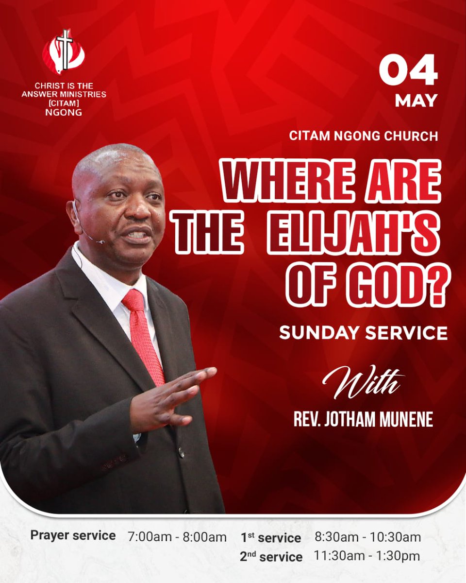 CITAM NGONG (@citam_ngong) on Twitter photo Coming up this Sunday, with Rev. <a href="/Jngochi/">Jotham Munene</a>
Intercessory: 7:00-8:00am
First Service: 8:30-10:30am
Second Service: 11:30-1:30pm
#InStepWithTheSpirit
#WhereChristIsTheAnswer Coming up this Sunday, with Rev. <a href="/Jngochi/">Jotham Munene</a>
Intercessory: 7:00-8:00am
First Service: 8:30-10:30am
Second Service: 11:30-1:30pm
#InStepWithTheSpirit
#WhereChristIsTheAnswer