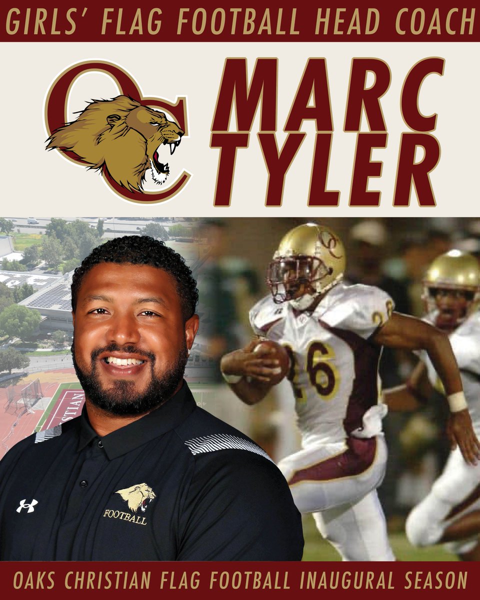 OaksChrstnLions's tweet photo. Oaks Christian has entered the flag football competition for the first time in school history and has named Marc Tyler, class of 2006, as the inaugural coach of the Oaks Christian girls’ flag football program.

Read more about the program here. https://t.co/1623k4fJ9i https://t.co/xsWze6x8I2