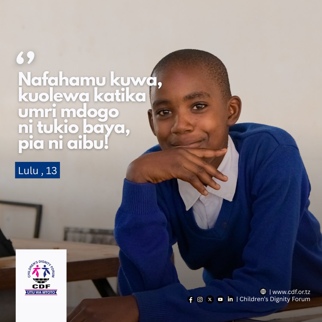 Watoto wanaoingia Katika ndoa, wanalazimika kubeba majukumu ya watu wazima kabla ya wakati, jambo linaloathiri ukuaji wao. Wanapoteza fursa za kucheza, kujifunza na kufurahia utoto wao. 

Umefanya nini kukomesha Ndoa za Utotoni? 
#KataaNdoaZaUtotoni #UtuWaMtoto