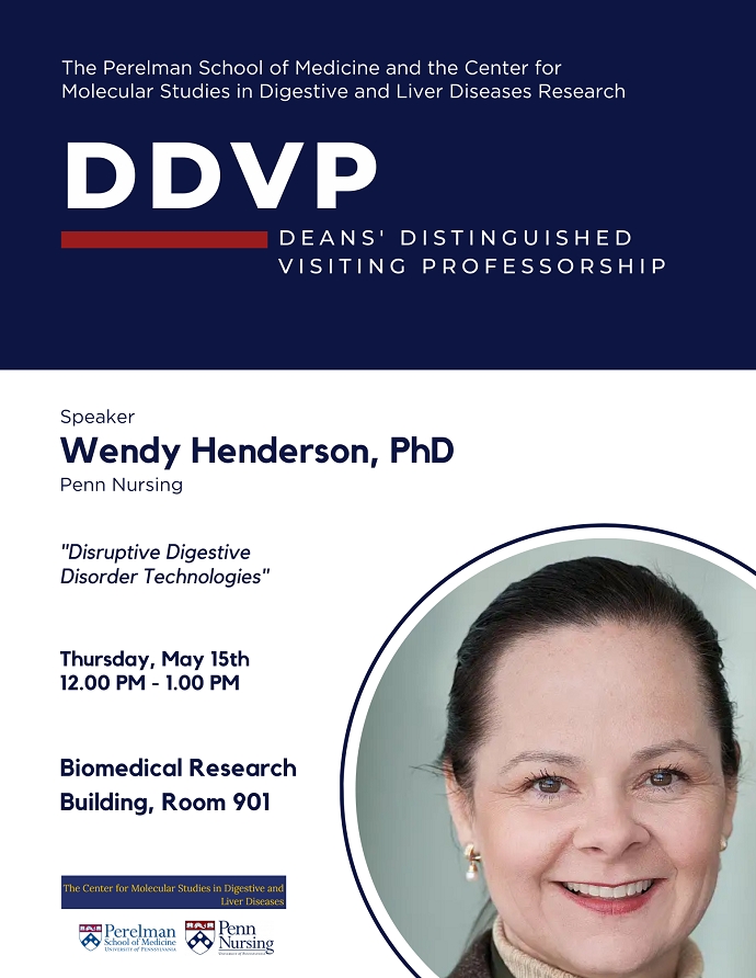 Penn Medicine CSO (@pennmedcso) on Twitter photo Join us on 5/15 at 12pm to see Deans' Distinguished Visiting Professor, <a href="/WendyHe90055092/">Wendy A. Henderson, PhD, CRNP, FAASLD, FAAN</a> of <a href="/PennNursing/">Penn Nursing</a>, present her #PSOMDDVP seminar at the Center for Molecular Studies in Digestive & Liver Diseases Research! tinyurl.com/yxcxy295 Join us on 5/15 at 12pm to see Deans' Distinguished Visiting Professor, <a href="/WendyHe90055092/">Wendy A. Henderson, PhD, CRNP, FAASLD, FAAN</a> of <a href="/PennNursing/">Penn Nursing</a>, present her #PSOMDDVP seminar at the Center for Molecular Studies in Digestive & Liver Diseases Research! tinyurl.com/yxcxy295