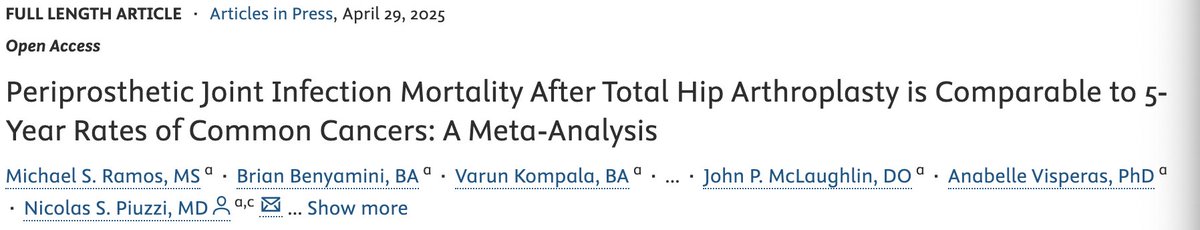 🚨PJI after THA is a serious complication and demands multidisciplinary care teams and increased research funding. 🚨

Many thanks to the team for seeing this project through!

arthroplastyjournal.org/article/S0883-…