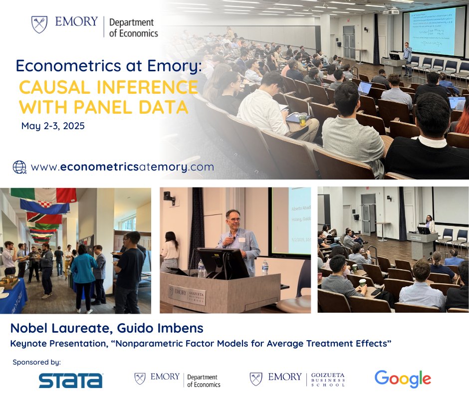 Emory Economics (@emoryeconomics) on Twitter photo <a href="/EmoryEconomics/">Emory Economics</a> at <a href="/EmoryUniversity/">Emory University</a> hosted the inaugural "Econometrics at Emory" Conference on May 2-3, 2025. Leading econometricians from top universities and industry experts discussed topics like Doubly Robust Inference and Synthetic Controls. Link to the program in caption👇 <a href="/EmoryEconomics/">Emory Economics</a> at <a href="/EmoryUniversity/">Emory University</a> hosted the inaugural "Econometrics at Emory" Conference on May 2-3, 2025. Leading econometricians from top universities and industry experts discussed topics like Doubly Robust Inference and Synthetic Controls. Link to the program in caption👇
