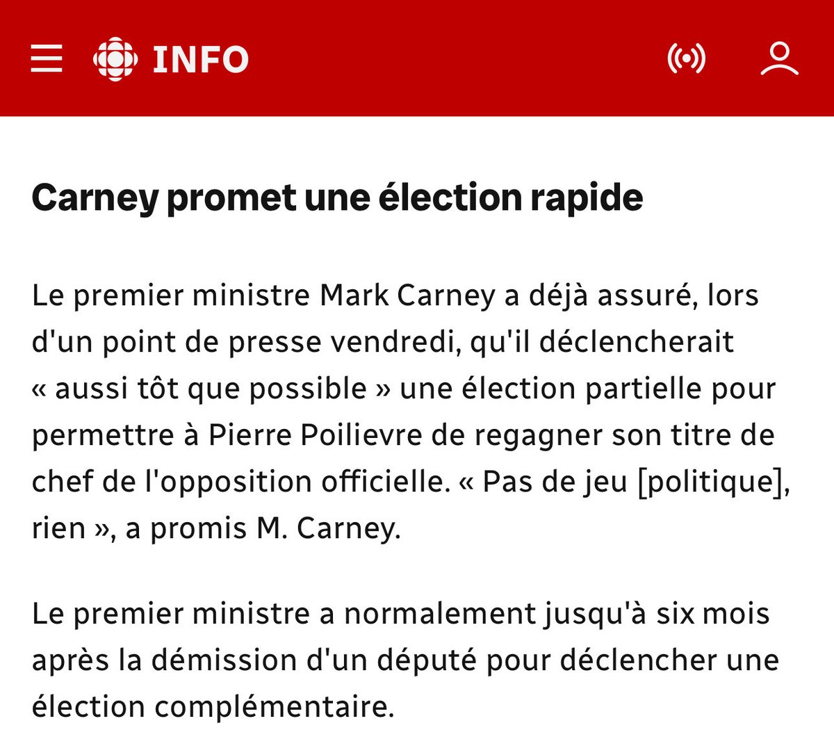 E_Duhaime's tweet photo. Mark Carney vient d’annoncer qu’il va déclencher aussi rapidement que possible l’élection complémentaire dans la circonscription de Battle River—Crowfoot, afin de permettre à Pierre Poilievre de se faire élire et de siéger à la Chambre des communes.

Est-ce que @francoislegault aura autant de classe et de sens démocratique? Va-t-il déclencher l’élection complémentaire dans Arthabaska aussi rapidement que possible?

On aura la réponse à cette question dès la semaine prochaine.