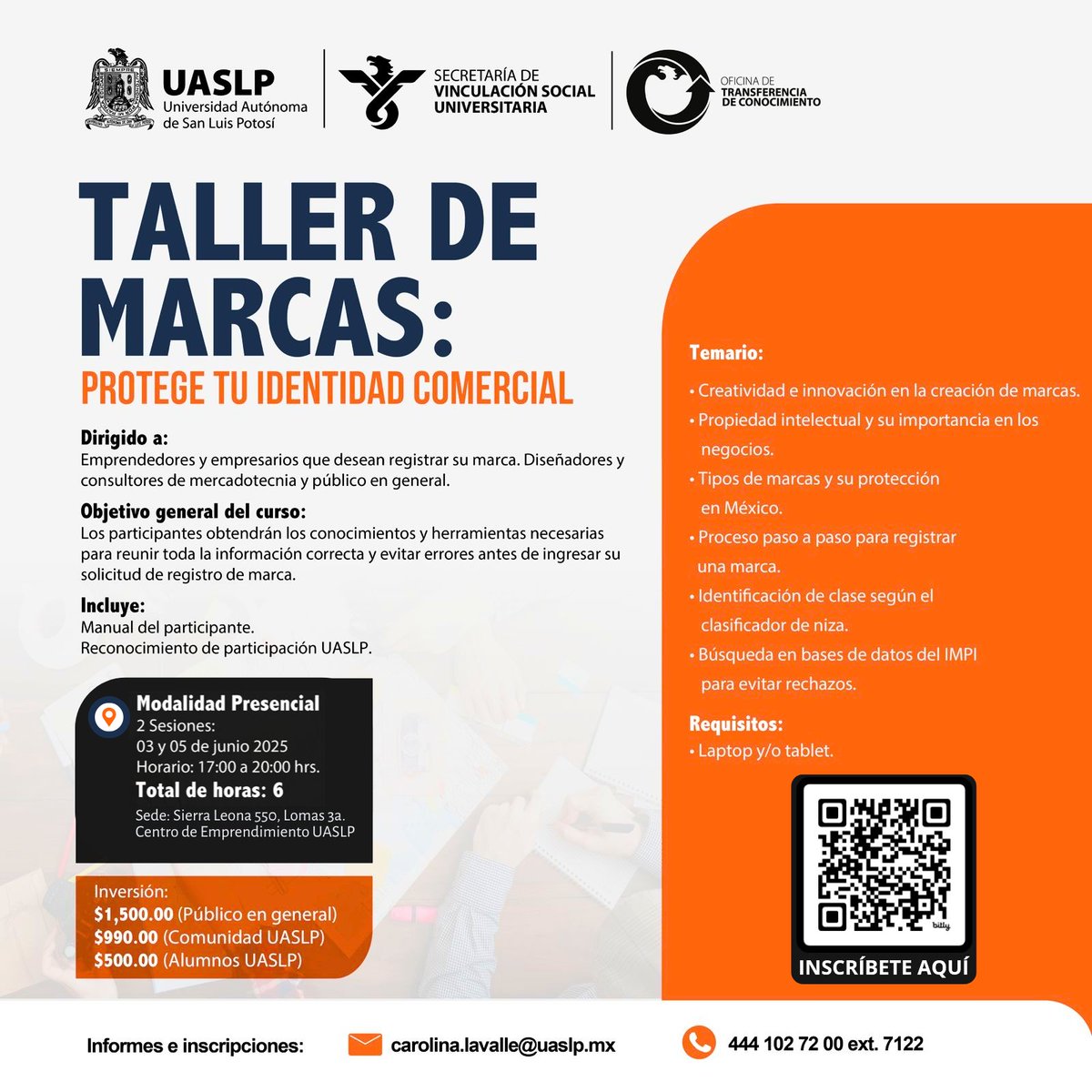 UASLP_Vinc's tweet photo. 🚨 ¡Evita errores al registrar tu marca!

📌 Taller de Marcas
🗓️ 3 y 5 de junio | 17:00 a 20:00 h
📍 UASLP, Lomas 3ª Sección

🧠 Aprende a crear, proteger y registrar tu marca con éxito.
💻 Requiere laptop/tablet

🎯 Dirigido a emprendedores, diseñadores y consultores. https://t.co/GeRiLD9xrL