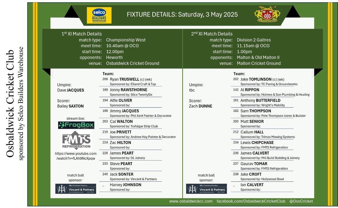 Osbaldwick C.C. (@osocricket) on Twitter photo The 1’s host <a href="/HeworthCC/">Heworth Cricket Club</a> whilst the twos travel to <a href="/maltoncricket/">Malton & Old Malton</a> good luck to all! The 1’s host <a href="/HeworthCC/">Heworth Cricket Club</a> whilst the twos travel to <a href="/maltoncricket/">Malton & Old Malton</a> good luck to all!