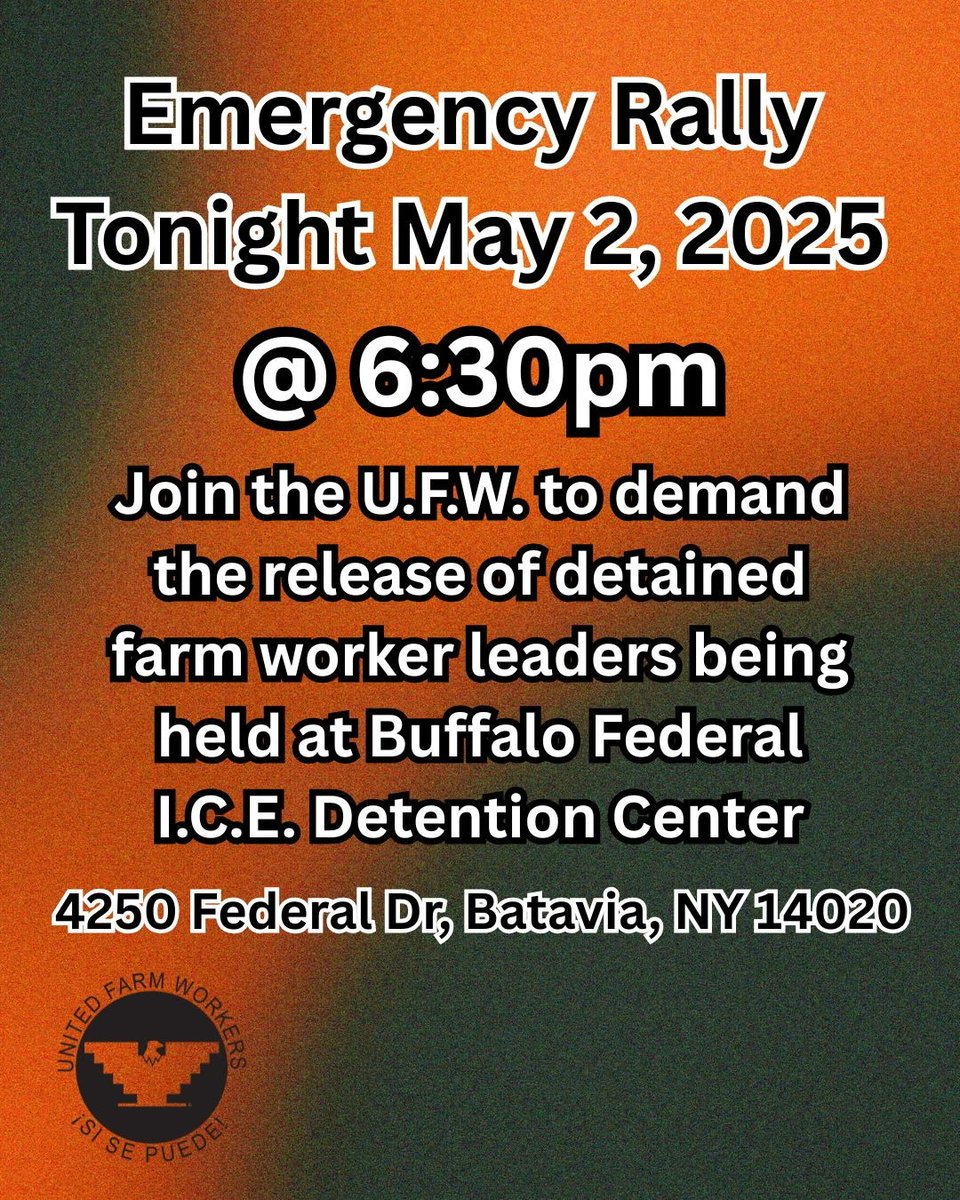 NYS AFL-CIO // #UnionStrong (@nysaflcio) on Twitter photo TONIGHT: Join <a href="/UFWupdates/">United Farm Workers</a> for an emergency rally to demand the release of detained farm worker leaders being held at the ICE Detention Center in Batavia. TONIGHT: Join <a href="/UFWupdates/">United Farm Workers</a> for an emergency rally to demand the release of detained farm worker leaders being held at the ICE Detention Center in Batavia.