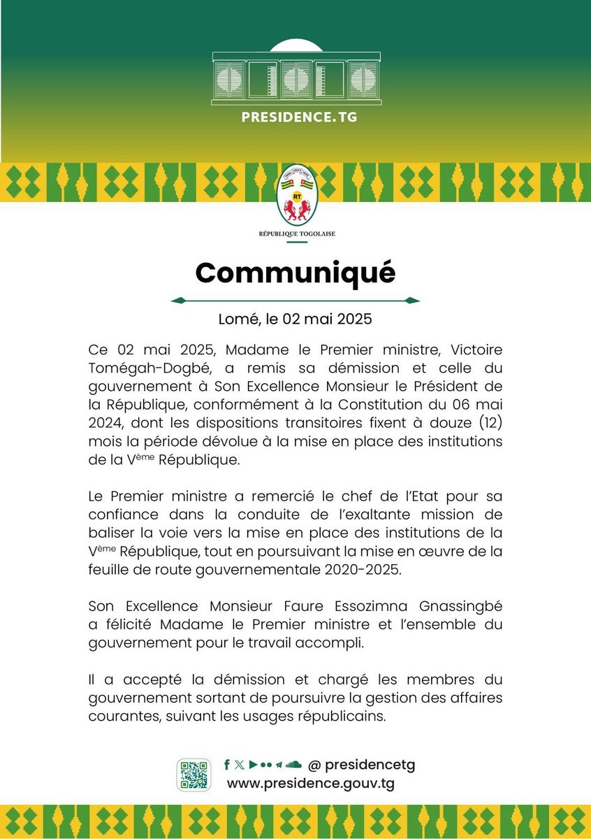 Présidence Togolaise/Togolese Presidency (@presidencetg) on Twitter photo Ce 02 mai 2025, Madame le Premier ministre, <a href="/DogbeVictoire/">Victoire Dogbe</a>, a remis sa démission et celle du gouvernement à Son Excellence Monsieur le Président de la République, conformément à la Constitution du 06 mai 2024, dont les dispositions transitoires fixent à douze (12) mois la période Ce 02 mai 2025, Madame le Premier ministre, <a href="/DogbeVictoire/">Victoire Dogbe</a>, a remis sa démission et celle du gouvernement à Son Excellence Monsieur le Président de la République, conformément à la Constitution du 06 mai 2024, dont les dispositions transitoires fixent à douze (12) mois la période