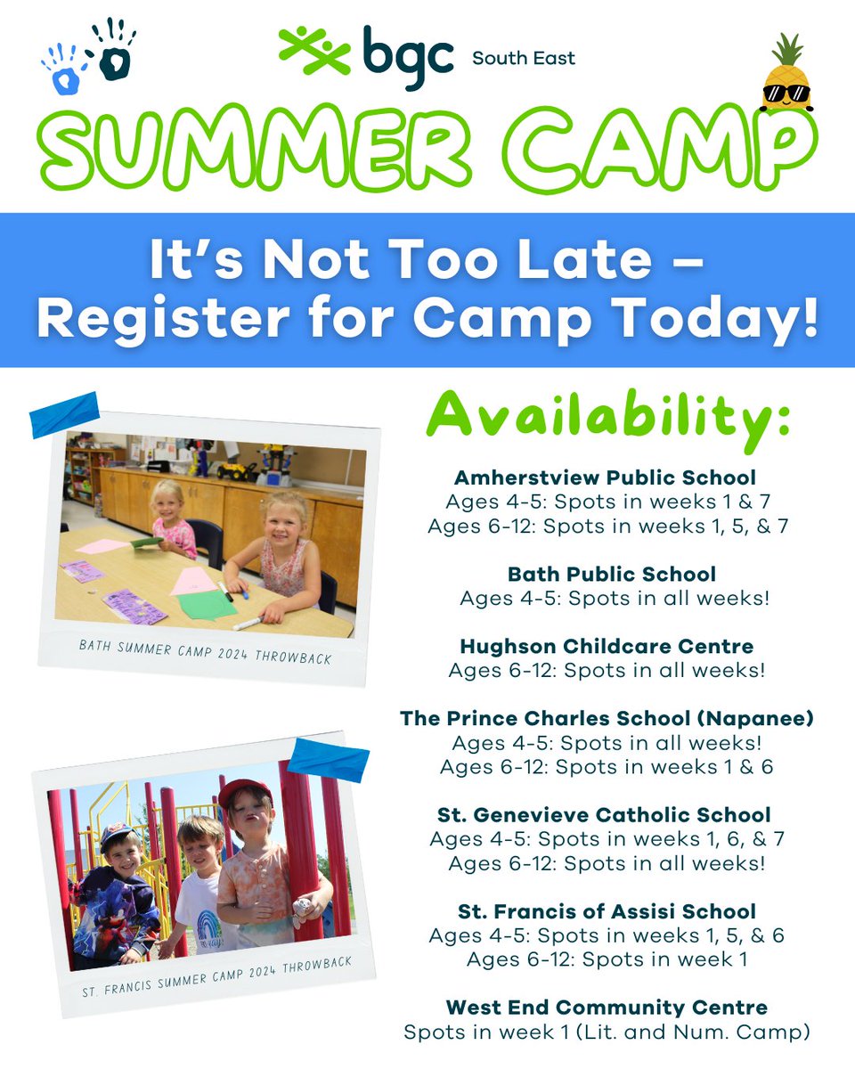 Our Summer Camps are filling up quick! 😎

Check out our locations and age groups with availability on this post. Register your children on RecDesk today: bgcka.recdesk.com/Community/Prog…