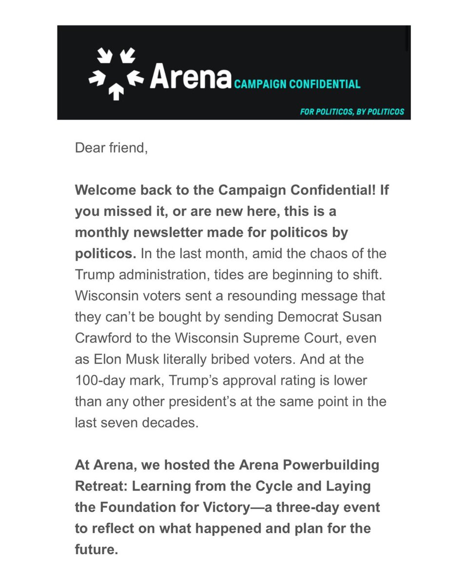 arenasummit's tweet image. ICYMI: We've launched a newsletter called the Campaign Confidential.
It features opportunities to explore, jobs to apply for, comings and goings of Arena Community members, op-eds from readers, and more!
Check out the latest edition and subscribe here: arena.run/campaign-confi…