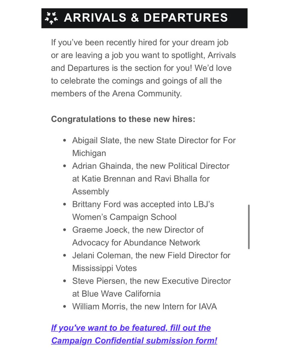 arenasummit's tweet image. ICYMI: We've launched a newsletter called the Campaign Confidential.
It features opportunities to explore, jobs to apply for, comings and goings of Arena Community members, op-eds from readers, and more!
Check out the latest edition and subscribe here: arena.run/campaign-confi…