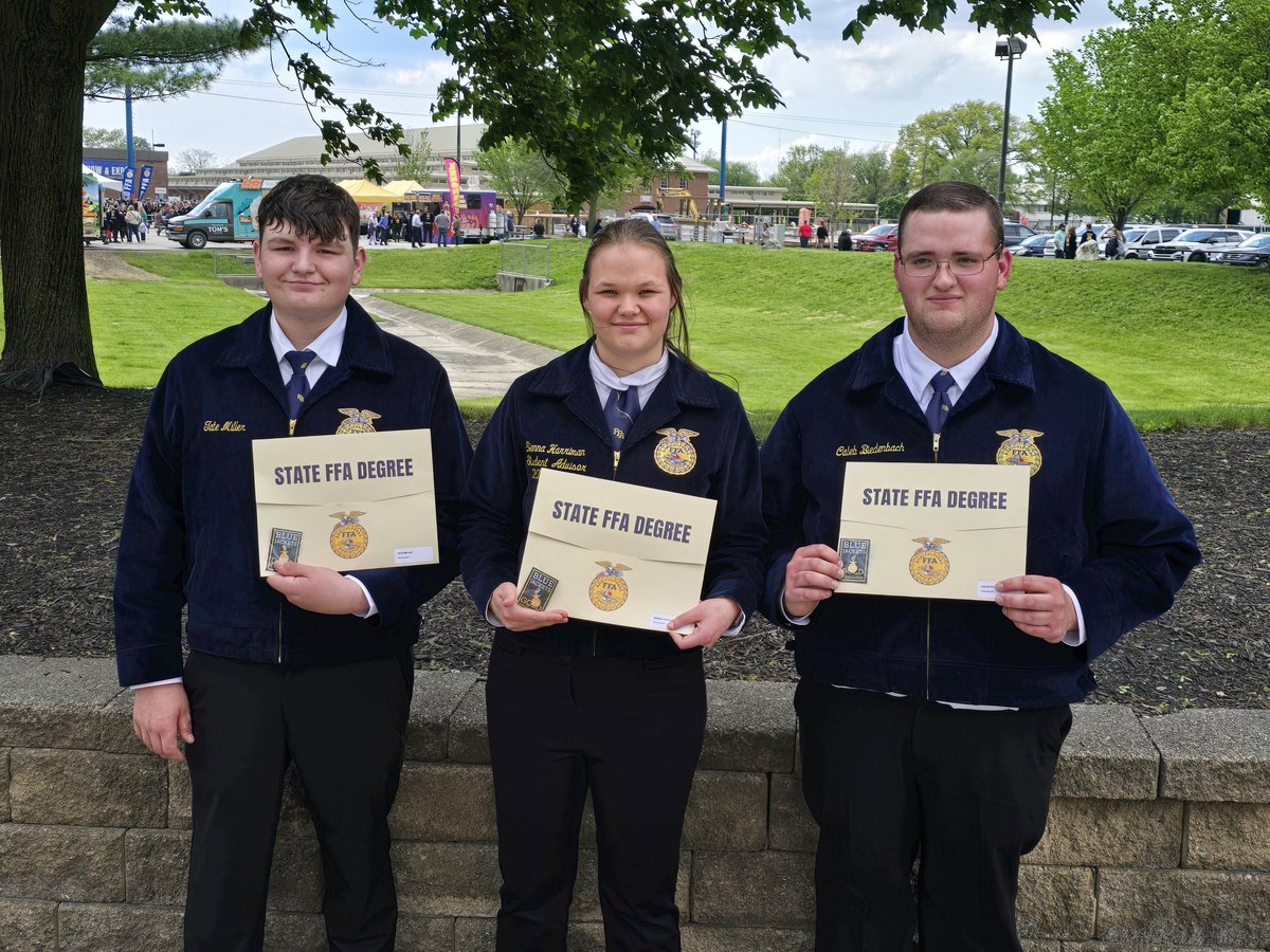 Congratulations to Tate Miller, Sienna Harriman, and Caleb Biedenbach, who all received the highly-regarded State FFA Degree this afternoon at the Ohio FFA Convention. We are proud of all three of you!