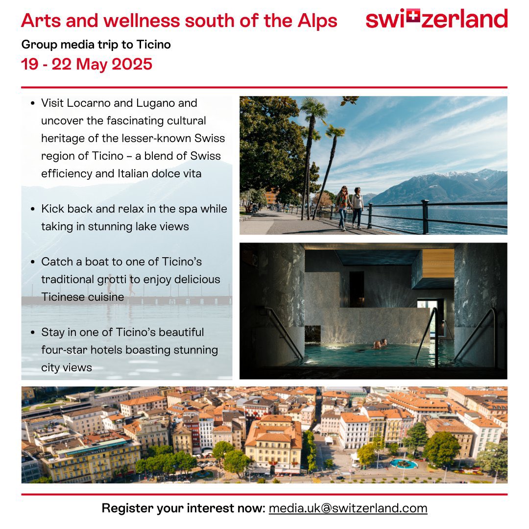 MEDIA TRIP ALERT: we still have one space left on our arts and wellness group trip to the Italian-speaking Swiss region of Ticino on 19-22 May! Email if you think this could be one for you: media.uk@switzerland.com🇨🇭
*UK/Ireland-based media/writers only pls (no creators, sorry)*