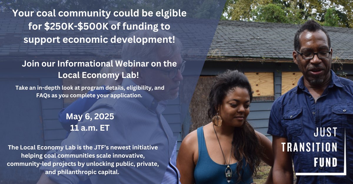 Are you working on your application for our #LocalEconomyLab, JTF's newest initiative to support #economic and #workforce development projects in eligible #coalcommunities? Join our informational webinar on Tuesday, May 6.

Learn more &amp; register🔗: zurl.co/GfLGp