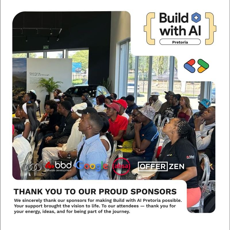 GDGPretoria (@gdgpretoria) on Twitter photo It's a wrap. What a great time we had at #BuildWithAI🤖 yesterday! We got to learn & network. Thank you to our partners <a href="/audisouthafrica/">audisouthafrica</a> <a href="/bbdsoftware/">BBD</a> <a href="/Absa/">Absa Group</a> <a href="/OfferZen/">OfferZen</a> and <a href="/googledevgroups/">Google Developer Groups</a>! Thank you to everyone who made this event a reality #BuildWithAI #AIforAfrica #carsMeetAI It's a wrap. What a great time we had at #BuildWithAI🤖 yesterday! We got to learn & network. Thank you to our partners <a href="/audisouthafrica/">audisouthafrica</a> <a href="/bbdsoftware/">BBD</a> <a href="/Absa/">Absa Group</a> <a href="/OfferZen/">OfferZen</a> and <a href="/googledevgroups/">Google Developer Groups</a>! Thank you to everyone who made this event a reality #BuildWithAI #AIforAfrica #carsMeetAI