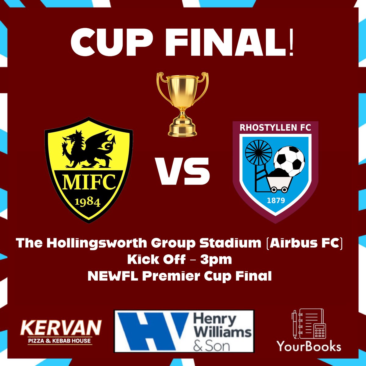 DON'T FORGET - TOMORROW IS CUP FINAL DAY! 🙌🤞👀

🏟 The Hollingsworth Group Stadium (Airbus FC)
⚽️ Kick off - 3pm
🏆 NEWFL Premier Cup Final 

All support much appreciated 👏 

UpTheVillage!