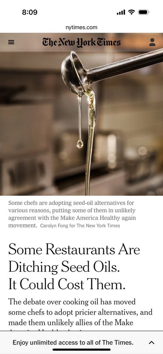 Highlights from this morning’s New York Times story on restaurants going seed oil-free: 

- 20% more customers
- 2X the frying life
- Yelp searches are up 414%

They’re going seed oil-free for tastier healthier food and customer demand, not politics. 

nytimes.com/2025/05/02/din…