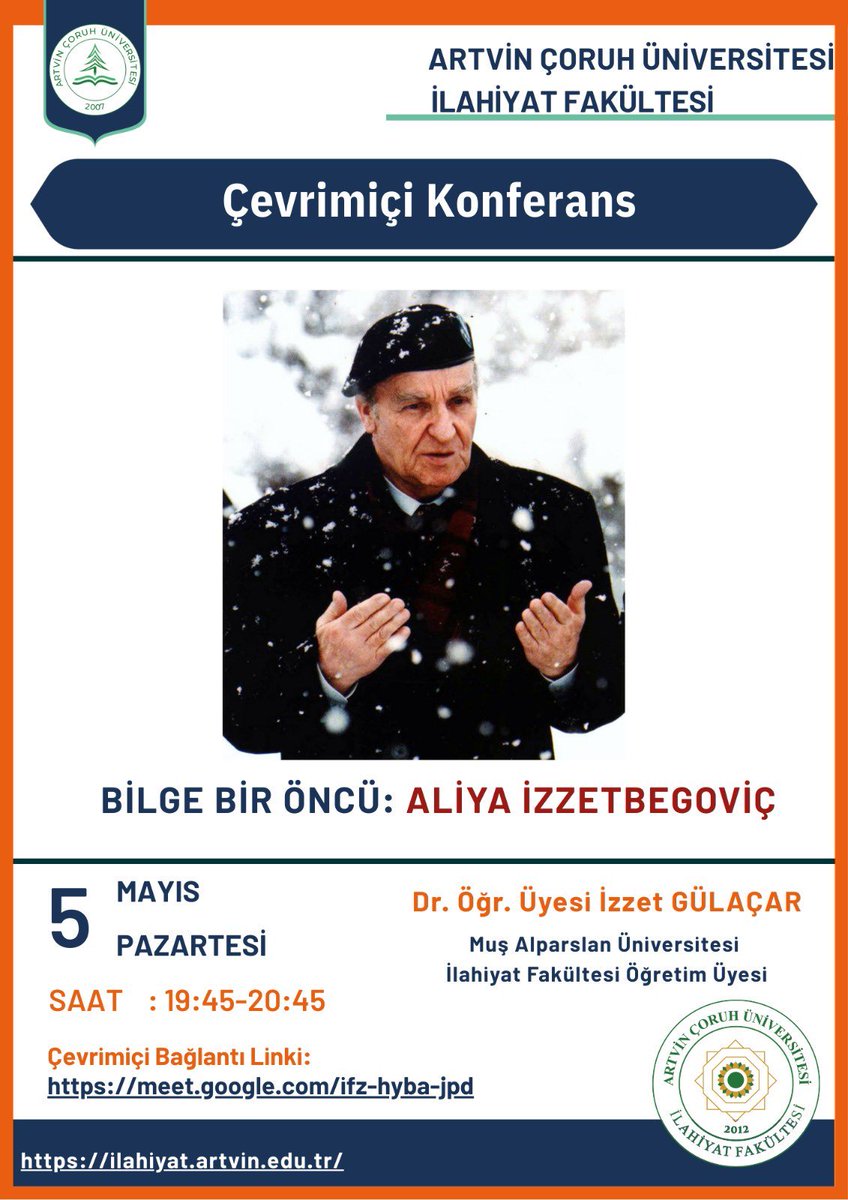 5 Mayıs, Pazartesi günü Artvin Çoruh Üniversitesi, İlahiyat Fakültesi öğrencileri ile online programda olacağız. Konumuz Aliya İzzetbegoviç. Bekleriz.