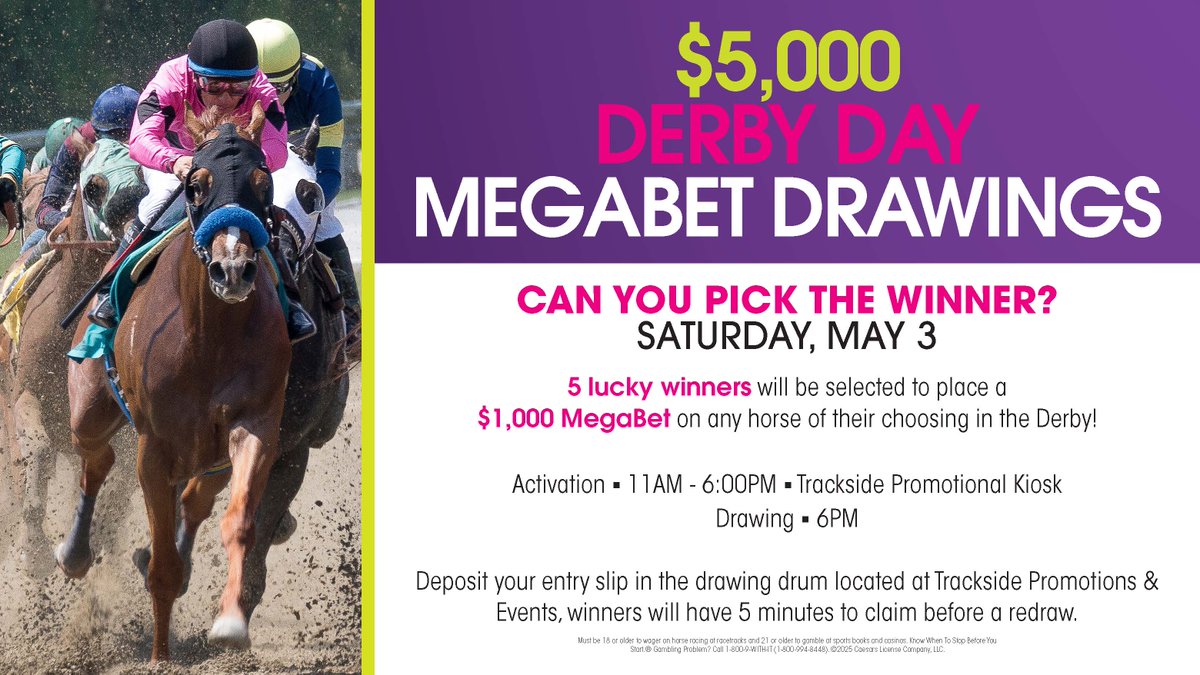 Harrah's Hoosier Park (@hop_racing) on Twitter photo Happy Derby Day <a href="/HoP_Racing/">Harrah's Hoosier Park</a> Fans! ๐น
We kick the day off starting at 11am--Swipe in at any Trackside Kiosk to receive your entry for our $5,000 MegaBet Drawing. At 6pm, 5 lucky guests will get to place a $1,000 MegaBet on 1 Derby horse of their choice! #PlayHP Happy Derby Day <a href="/HoP_Racing/">Harrah's Hoosier Park</a> Fans! ๐น
We kick the day off starting at 11am--Swipe in at any Trackside Kiosk to receive your entry for our $5,000 MegaBet Drawing. At 6pm, 5 lucky guests will get to place a $1,000 MegaBet on 1 Derby horse of their choice! #PlayHP