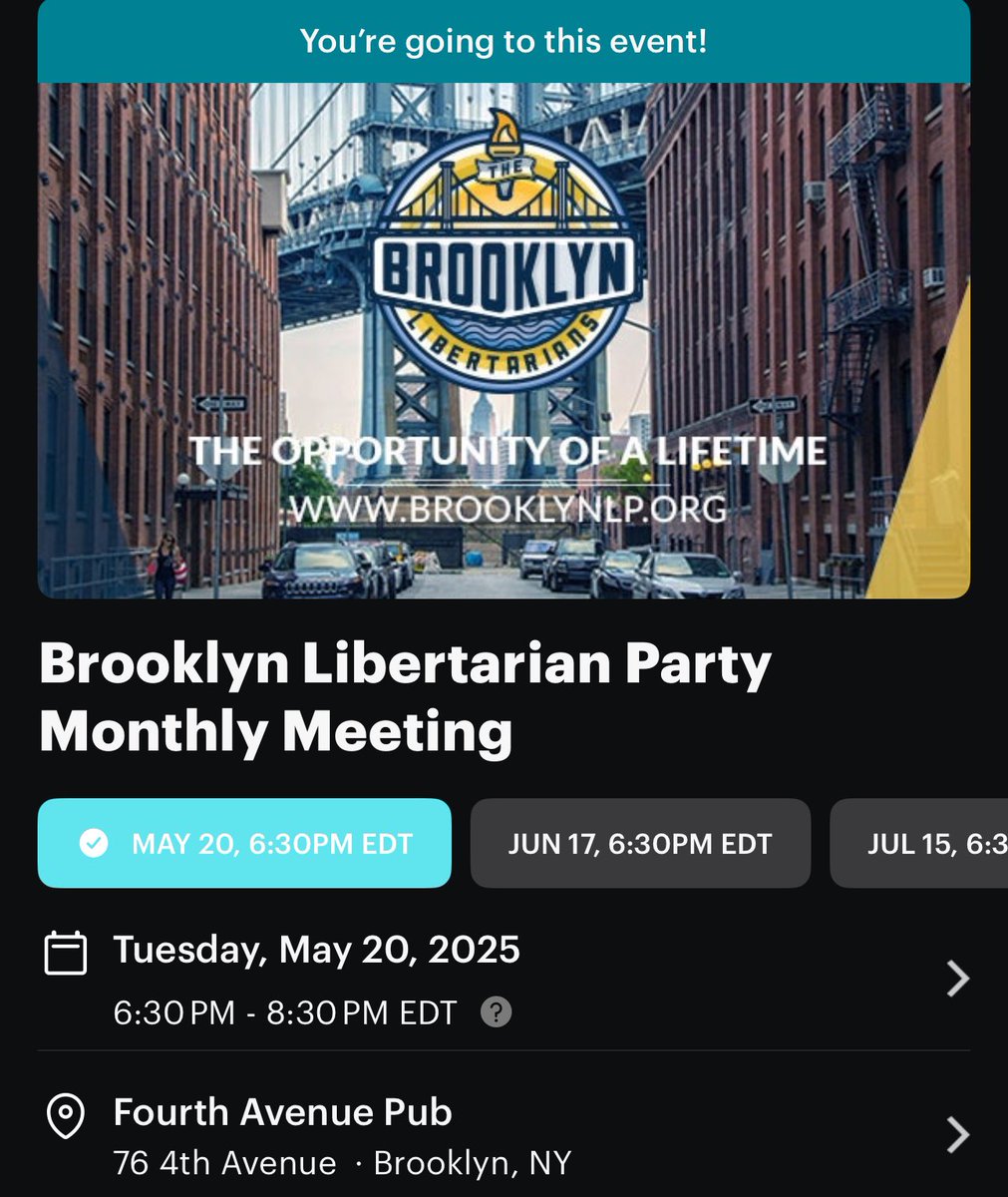 bklpnyc's tweet image. The next monthly meetup of the Brooklyn Libertarian Party will take place May 20th!
If you're in the NYC area, come check it out!