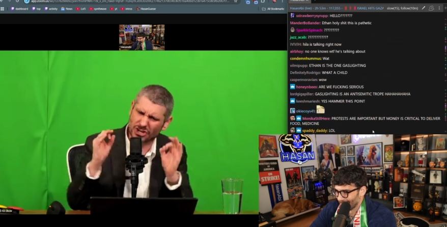 you're too late, i've already depicted you as the schizophrenic ethan klein and myself as the unbothered hasan piker