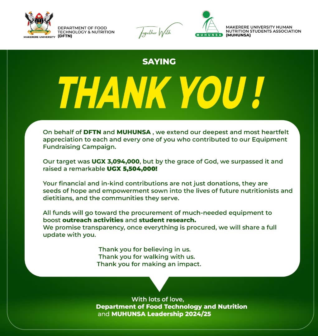 We extend our deepest gratitude to each and everyone who contributed to our equipment fundraising campaign. With these funds, we shall procure the much needed equipment to enhance nutrition outreaches and student research.
Thank you for believing and walking with us🙏