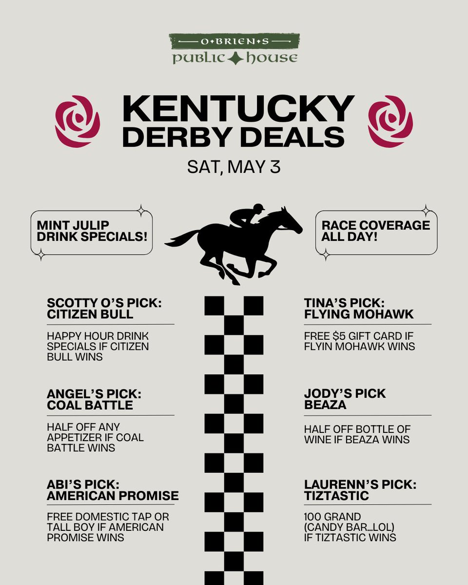 Saturday is Derby Day at the Pub — and our team is placing their bets! 🐎

Join us for Mint Juleps, race coverage all day, and a fun game we’re playing! We each picked a favorite horse, and if they win: there will be different deals for people who are here for the race!