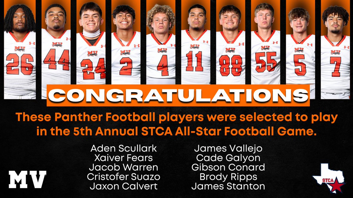 MVHS Football (@mvhspanthersfb) on Twitter photo Congratulations to these young men who were selected to play in the <a href="/CoachesSouth/">South Texas Coaches Association</a> All-Star Football Game on Saturday, May 17, at Eschenburg Field in Floresville, Texas, at 7:00 PM.
#PantherTOUGH Congratulations to these young men who were selected to play in the <a href="/CoachesSouth/">South Texas Coaches Association</a> All-Star Football Game on Saturday, May 17, at Eschenburg Field in Floresville, Texas, at 7:00 PM.
#PantherTOUGH