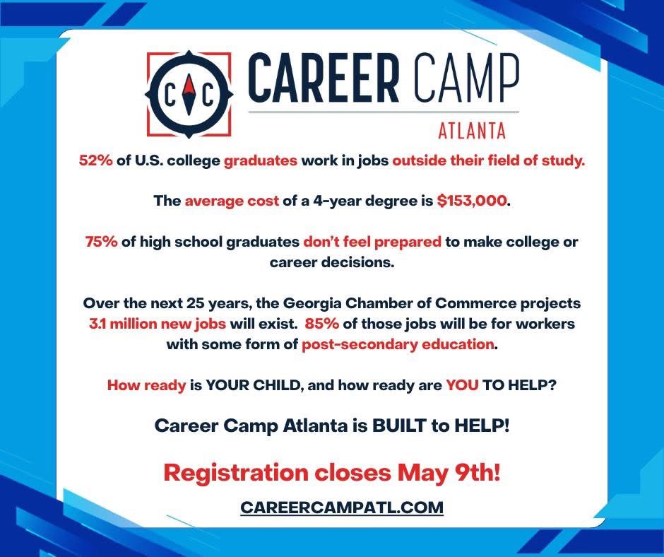 Brian Keefer, Ed.D. (@brian_keefer) on Twitter photo ⏳ It’s the last week to register! ⌛️
The statistics don't lie — most students feel unprepared for college, and many end up working outside their field after graduation.
⏳ Registration closes May 9th!
👉 Learn more: careercampatl.com
<a href="/L4LMetroAtlanta/">Learn4Life</a> <a href="/atlchamber/">Metro ATL Chamber</a> ⏳ It’s the last week to register! ⌛️
The statistics don't lie — most students feel unprepared for college, and many end up working outside their field after graduation.
⏳ Registration closes May 9th!
👉 Learn more: careercampatl.com
<a href="/L4LMetroAtlanta/">Learn4Life</a> <a href="/atlchamber/">Metro ATL Chamber</a>