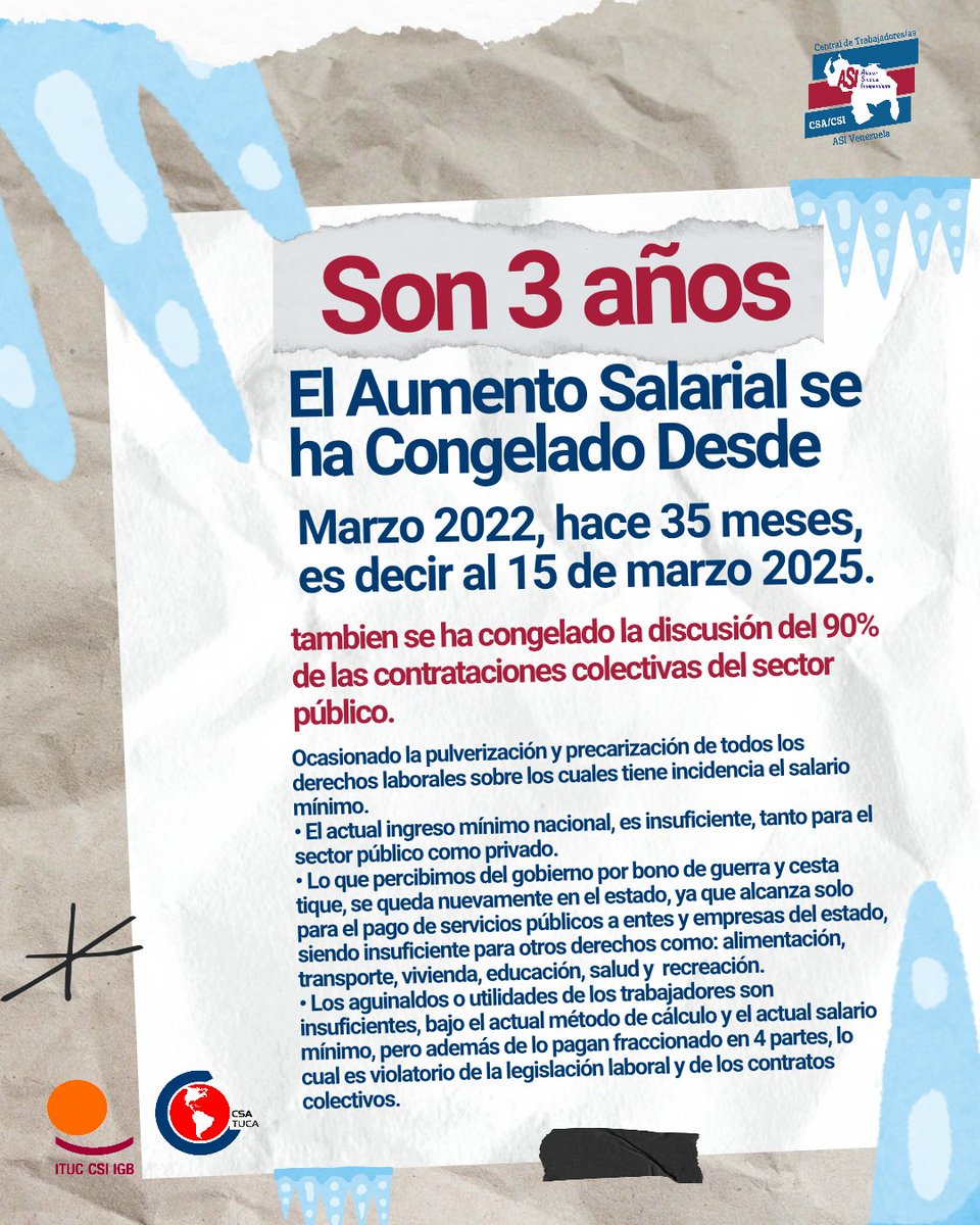 📳Central ASI Venezuela reitera propuesta de un aumento progresivo del salario para la recuperación del #SalarioDecente y digno que sustenta a las familias venezolanas.
#AumentodelSalarioMinimoProgresivo #SalarioDigno