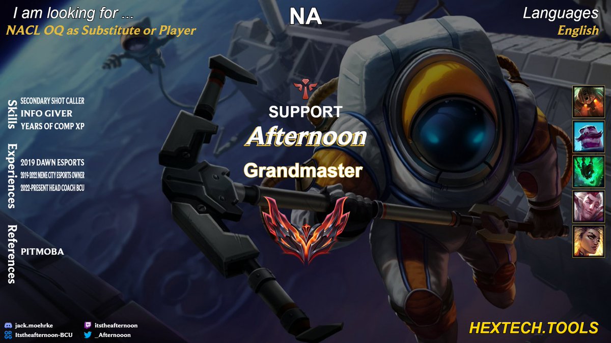 LFT NACL OQ Split 2,

Looking to play with my Cupid Esports lads in Aegis, but if anyone is looking for a sup sub/player feel free to reach out! 

Feel like I am in peak mental right now with the game in competitive and solo queue! Been playing or a part of comp play since 2017!