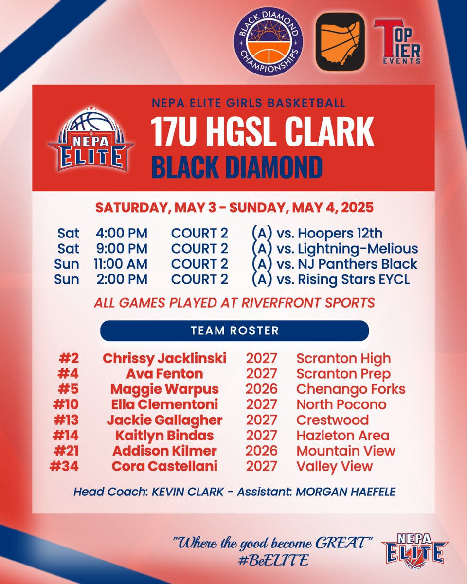17U HGSL Clark | Black Diamond Championships
📍 Scranton, Pa.
📆 May 3-4

Weekend schedule &amp; roster drop ⬇️

Let’s get to work!

<a href="/Chrissy_jack2/">Chrissy Jacklinski</a> <a href="/clementoni_ella/">Ella Clementoni - c/o 2027</a> <a href="/Castellani34/">Cora Castellani</a> <a href="/KaitlynBindas14/">Kaitlyn Bindas</a> <a href="/addisonkilmer21/">Addison Kilmer</a> <a href="/WarpusMaggie/">Maggie Warpus</a> 

#BeELITE 🏀 #NEPAelite <a href="/Coach_Clark42/">Kevin J. Clark</a>
