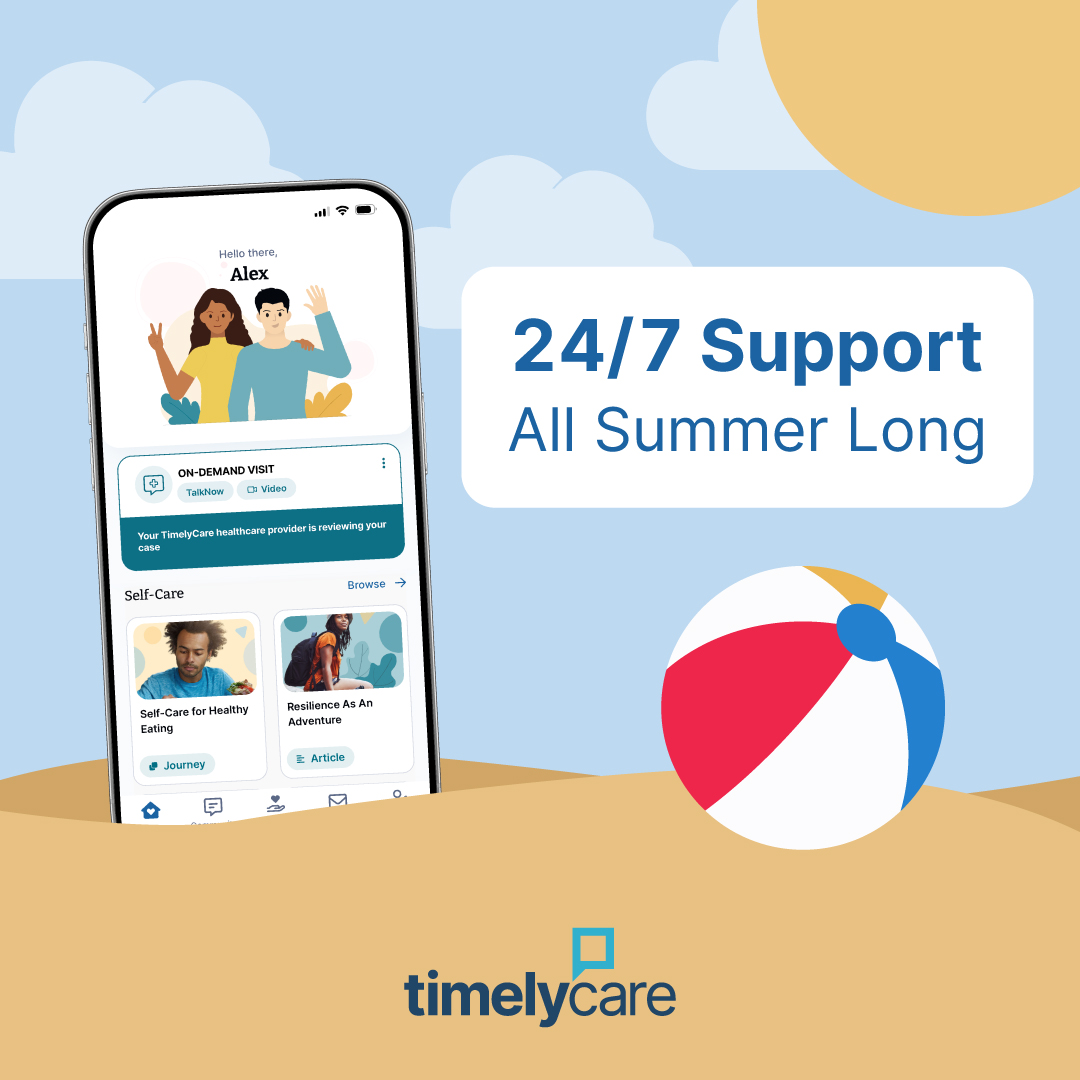 Summer should be a time to relax, recharge, and enjoy... but your mental health always matters. TimelyCare is here for you, wherever this summer takes you! You’re never alone. Take TimelyCare with you all summer! ☀🏖️