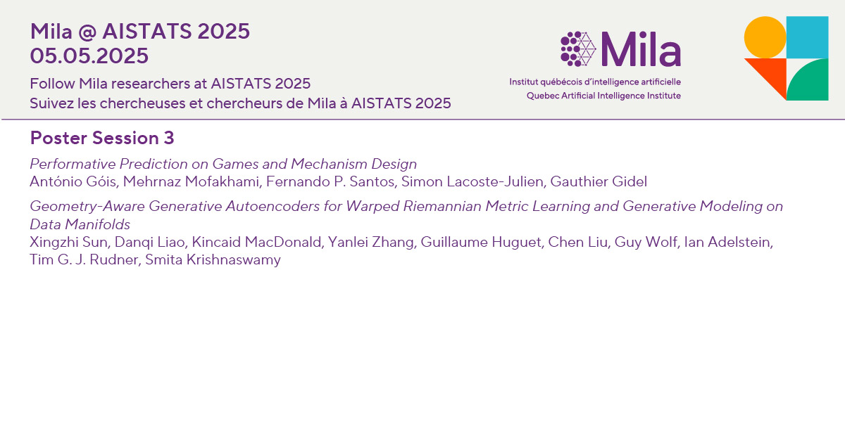 Mila - Institut québécois d'IA (@mila_quebec) on Twitter photo Alors que la conférence tire à sa fin, suivez les chercheuses et chercheurs de Mila au jour 3 d'
<a href="/aistats_conf/">AISTATS Conference</a>. Programme complet des présentations affiliées à Mila : mila.quebec/fr/nouvelle/su… Alors que la conférence tire à sa fin, suivez les chercheuses et chercheurs de Mila au jour 3 d'
<a href="/aistats_conf/">AISTATS Conference</a>. Programme complet des présentations affiliées à Mila : mila.quebec/fr/nouvelle/su…