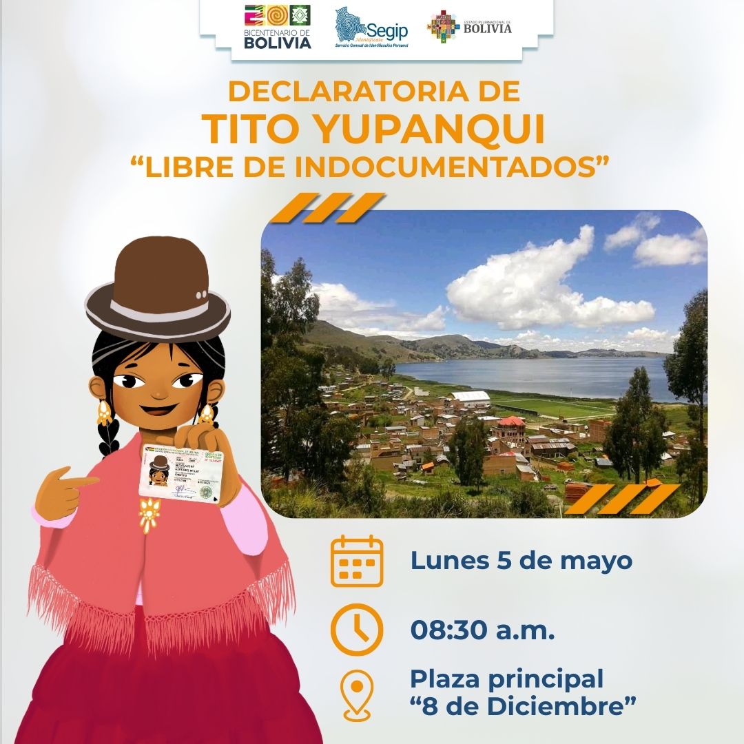 📢 ¡Tito Yupanqui se prepara para un gran hecho!

Este lunes 5 de mayo, el municipio será oficialmente declarado Libre de Indocumentados, sumándose al avance hacia una #LaPazLibreDeIndocumentados.

📍 Te esperamos en la Plaza Principal "8 de Diciembre"
⏰ Desde las 08:30 a.m.