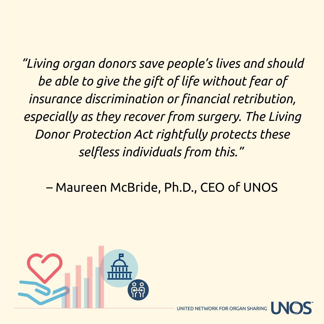 We’re pleased 21 senators are cosponsoring the Living Donor Protection Act👏This bill ensures living organ donors can give the gift of life without fear of insurance discrimination or financial retribution. UNOS urges Congress to stand up for living donors and pass the Living