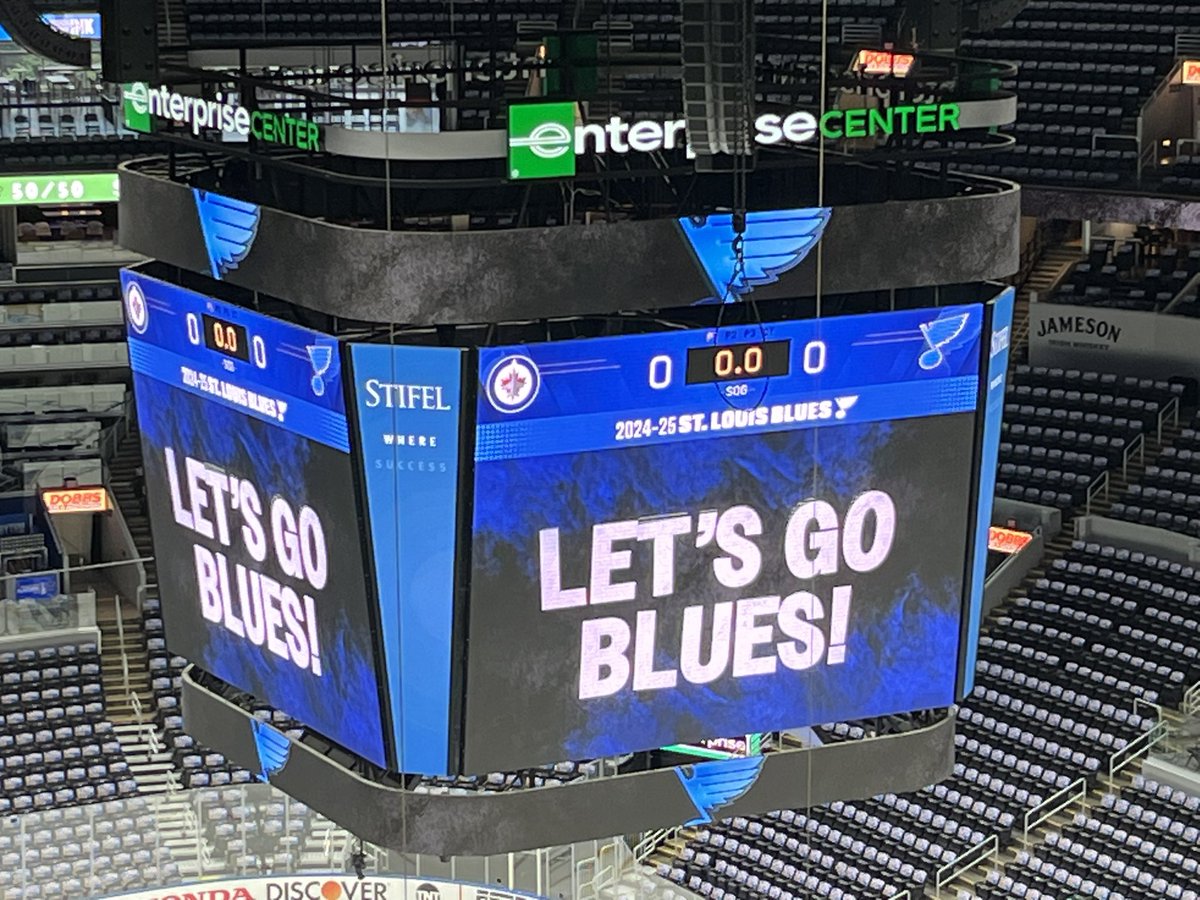 The continuance of the trophy tournament for the Men of Note requires success in the evening’s battle. The home arena is prepared as is your man at the mic. View from Suite 434. #stlblues #nhl #blueshockeylegends #bluealumni