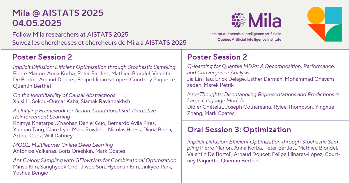 Mila - Institut québécois d'IA (@mila_quebec) on Twitter photo Suivez les chercheur·euse·s de Mila au jour 2 d' <a href="/aistats_conf/">AISTATS Conference</a>. Programme complet disponible ici mila.quebec/fr/nouvelle/su… Suivez les chercheur·euse·s de Mila au jour 2 d' <a href="/aistats_conf/">AISTATS Conference</a>. Programme complet disponible ici mila.quebec/fr/nouvelle/su…