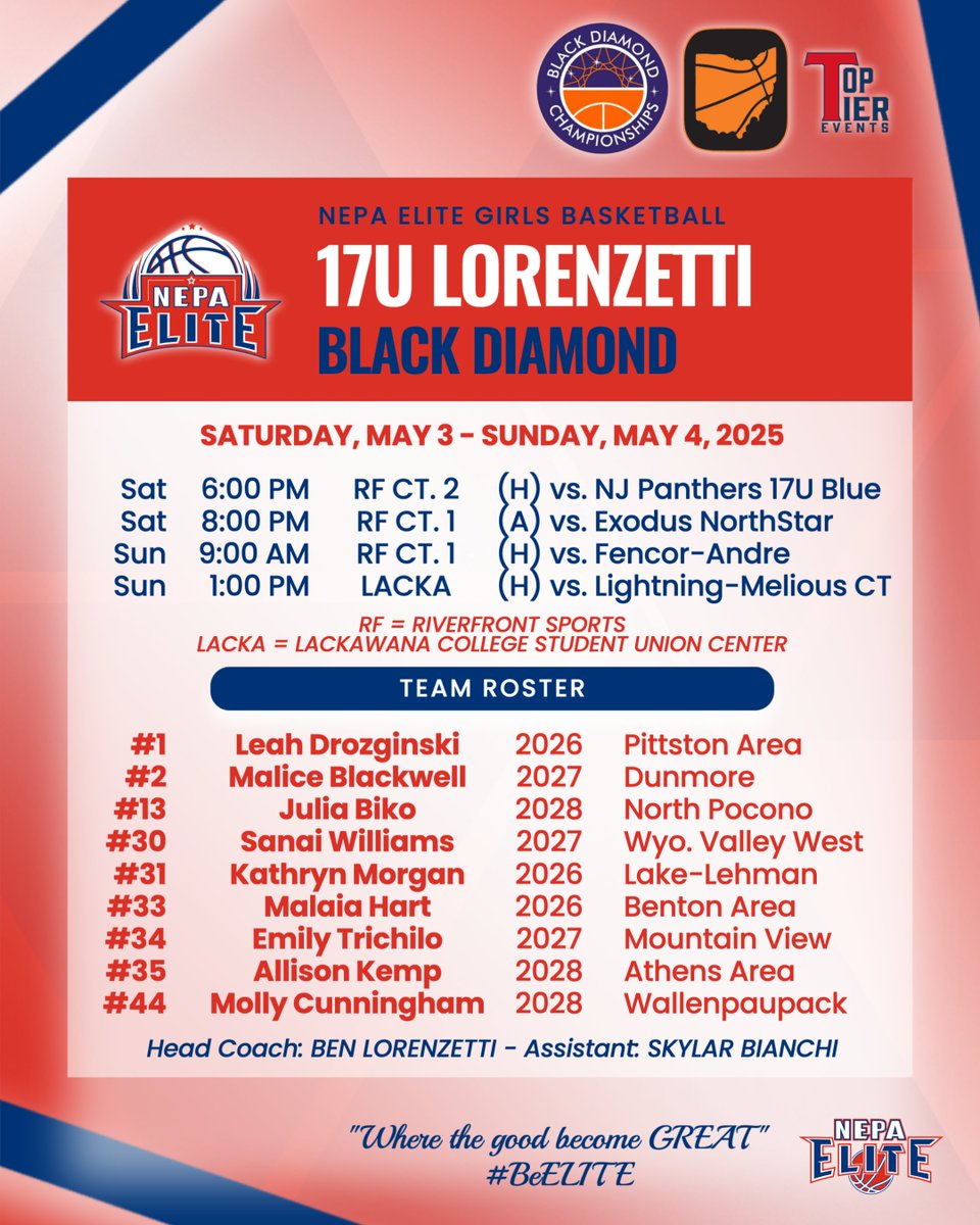 17U Lorenzetti | Black Diamond Championships
📍 Scranton, Pa.
📆 May 3-4

Weekend schedule &amp; roster drop ⬇️

Let’s get to work!

#BeELITE 🏀 #NEPAelite