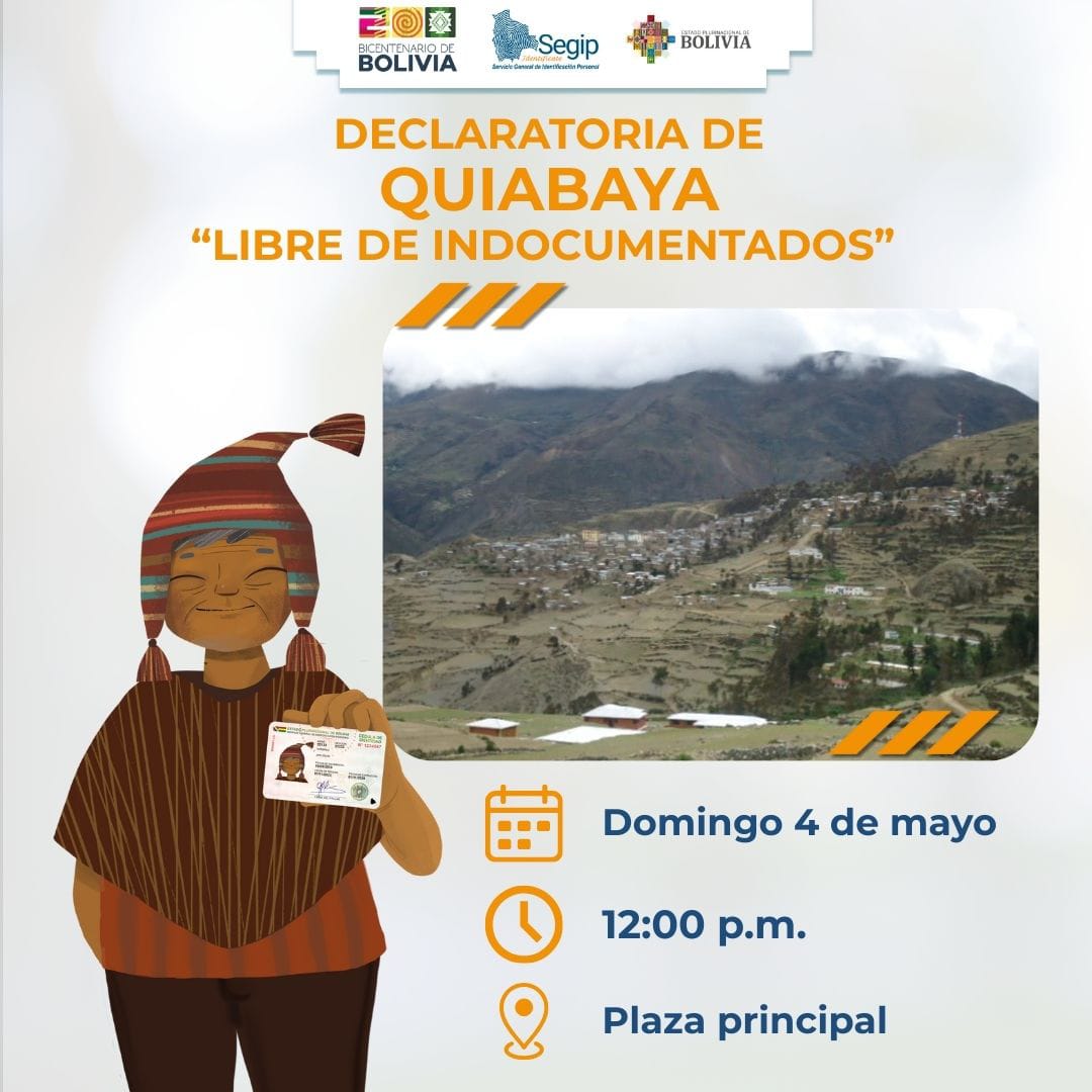 📢 ¡Quiabaya avanza hacia un hito histórico!

Este domingo 4 de mayo, el municipio de Quiabaya se convertirá en el próximo en ser declarado Libre de Indocumentados en el departamento de La Paz.

📍 Nos vemos en la Plaza Principal
⏰ A partir de las 12:00 p.m.

#PrimeroBolivia
