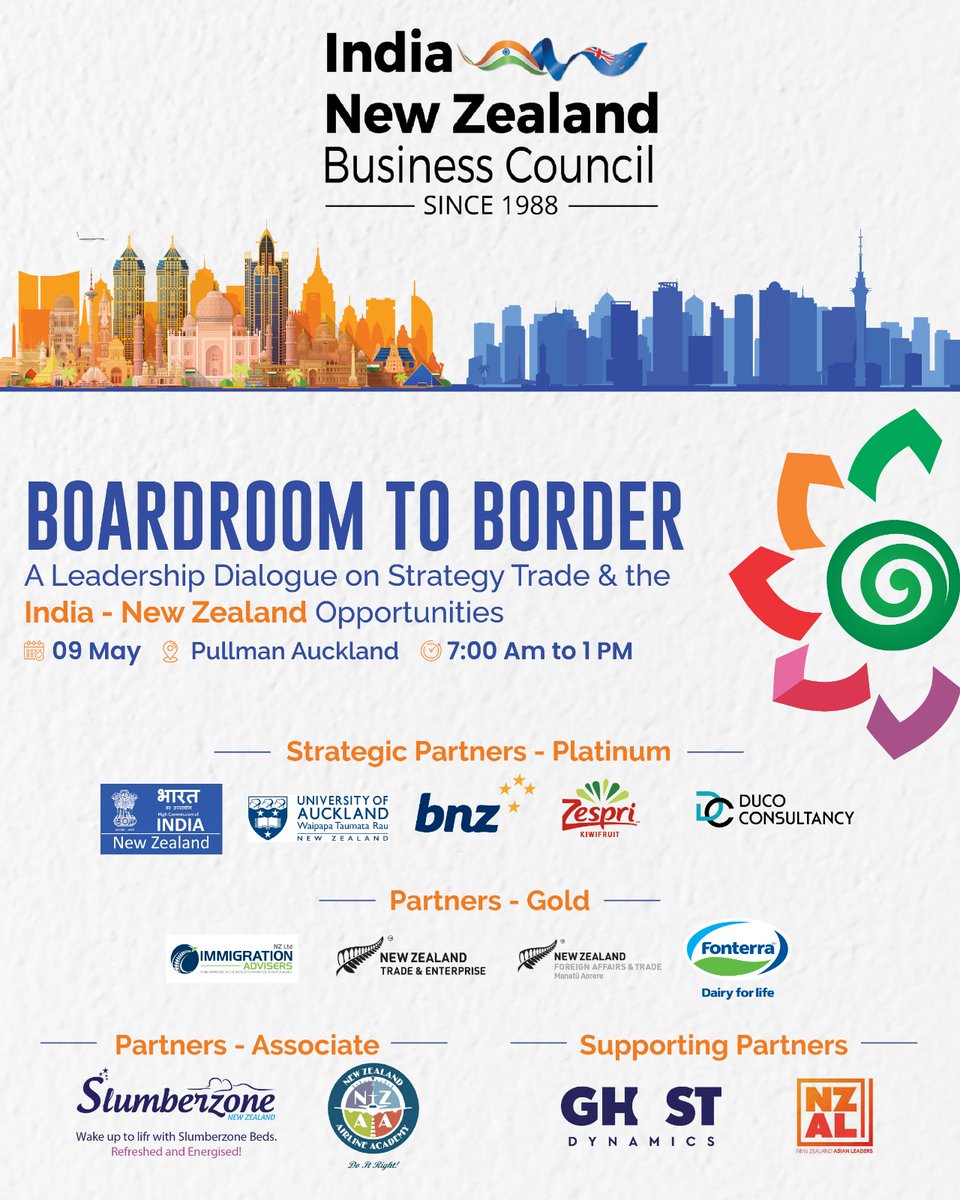 #BoardroomToBorderDialogue 
9 May in Auckland.
An insightful morning with industry leaders &amp; global speakers on what's next in the 🇮🇳  🇳🇿 relationship.
Tickets🔗 inzbc.org/india-x-nz
<a href="/chawlabharat18/">Bharat Chawla</a> <a href="/EdwinPaul/">UrbanShaman</a> <a href="/nzindmgt/">Sunil Kaushal</a> <a href="/NZTEnews/">NZTE</a> <a href="/VangelisVNZ/">Vangelis Vitalis</a> <a href="/BhavDhillonnz/">Bhav Dhillon</a> <a href="/bakshiks/">Kanwaljit Singh Bakshi</a>