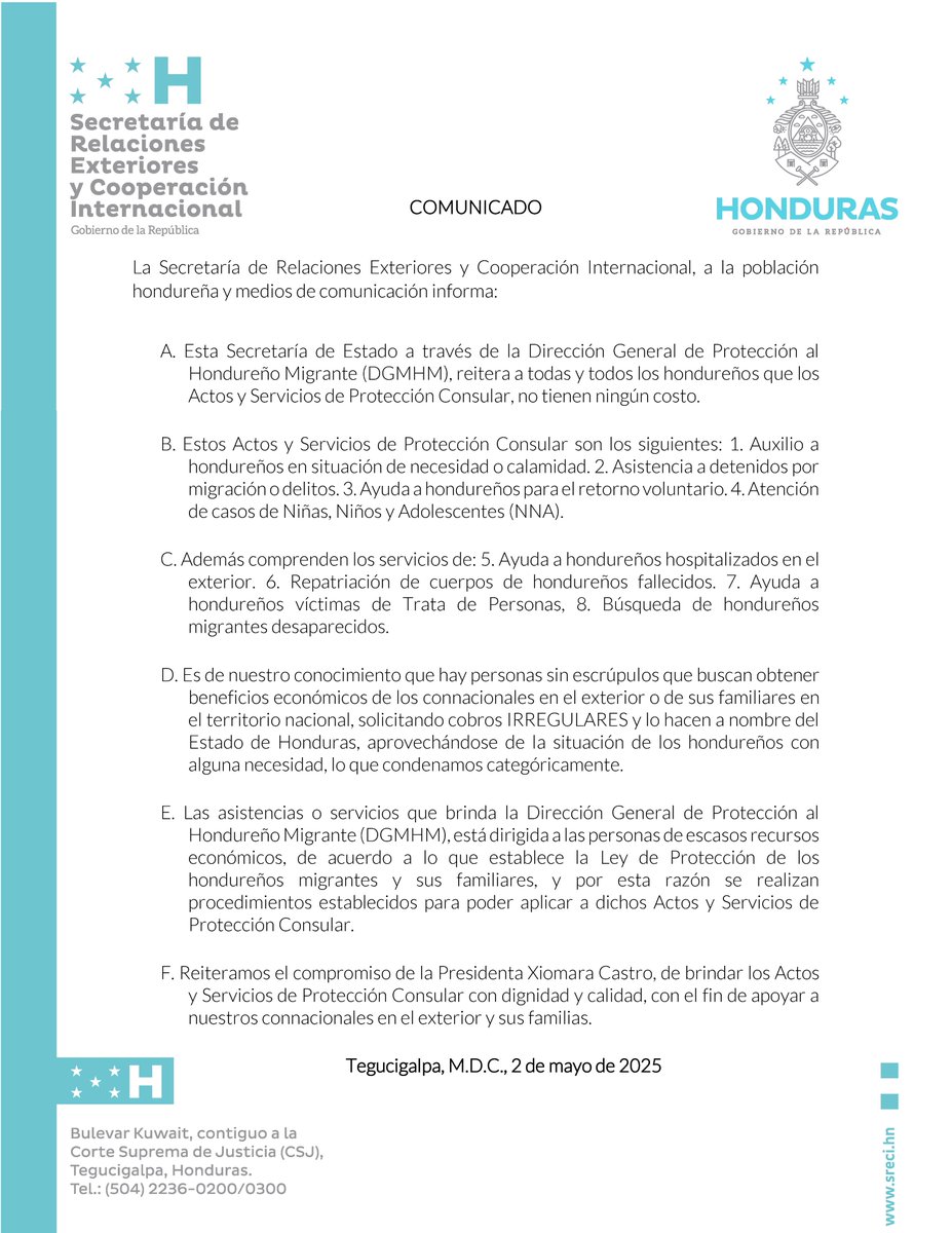 Cancillería Honduras (@cancilleriahn) on Twitter photo 📌|| COMUNICADO:
Con relación a los Actos y Servicios de Protección Consular que brinda la <a href="/CancilleriaHN/">Cancillería Honduras</a> a través de la Dirección General de Protección al Hondureño Migrante. 📌|| COMUNICADO:
Con relación a los Actos y Servicios de Protección Consular que brinda la <a href="/CancilleriaHN/">Cancillería Honduras</a> a través de la Dirección General de Protección al Hondureño Migrante.