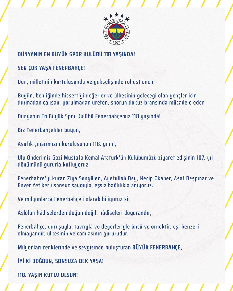 Dünyanın En Büyük Spor Kulübü 118 Yaşında! 

Sen Çok Yaşa Fenerbahçe!