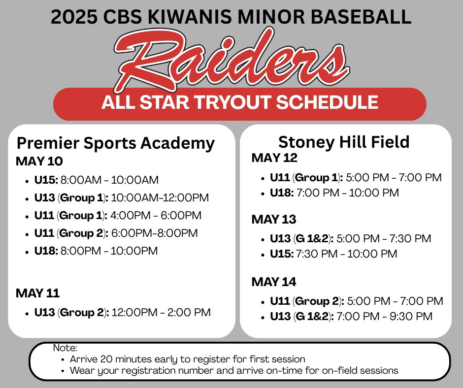 We’re excited to announce the tryout schedule for CBS Kiwanis Minor Baseball! 
For details, visit [cbsbaseball.ca] or check your email! Good luck!